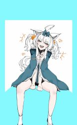 1girl ahoge animal_ears chinese_clothes grey_eyes grey_hair hair_intakes hair_ornament highres looking_at_viewer no._21:_feral_scent_(revival_remedy)_(pgr) no._21_(pgr) open_mouth orange_pom_poms pom_pom_(clothes) pom_pom_hair_ornament punishing:_gray_raven sangosyan2 sharp_teeth sidelocks sitting solo tail teeth twintails wolf_ears wolf_tail