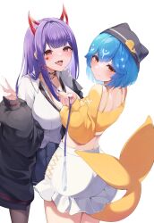 2girls akuma_nihmune akuma_nihmune_(1st_costume) bao_(vtuber) bao_(vtuber)_(5th_costume) beanie black_coat black_headwear black_necktie blue_hair blue_skirt breasts cetacean_tail coat collar collared_shirt cropped_shirt facial_mark fang fins fish_tail frilled_skirt frills hat heart heart_facial_mark heart_in_eye heart_o-ring highres holding holding_leash horns indie_virtual_youtuber jewelry large_breasts leash long_hair mole mole_under_eye multiple_girls necklace necktie o-ring o-ring_collar off_shoulder pantyhose pink_eyes pleated_skirt red_collar red_eyes shirt short_hair skirt smile symbol_in_eye tail tongue tongue_out tyabesu v virtual_youtuber white_skirt yellow_shirt