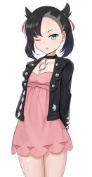 Rule 34 | 1girl, ;o, absurdres, arms behind back, asymmetrical bangs, black choker, black hair, black jacket, breasts, choker, cleavage, cowboy shot, dress, earrings, green eyes, hair ribbon, highres, jacket, jewelry, looking at viewer, marnie (pokemon), nintendo, one eye closed, perovi4, pink dress, pokemon, pokemon swsh, ribbon, short dress, simple background, small breasts, solo, standing, stud earrings, twintails, undercut, white background