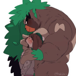 1boy 1girl bara blush brown_hair furry furry_with_non-furry gen_8_pokemon gloria_(pokemon) hand_size_difference height_difference hetero hyaku_(g-kawayusu) interspecies nintendo pokemon pokemon_(creature) pokemon_swsh rillaboom size_difference