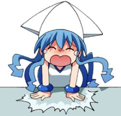 1girl ^_^ bad_source blue_hair blue_trim bracelet closed_eyes commentary_request desk_slam dress furrowed_brow hat ikamusume jewelry long_hair lowres maso_(ascii_art) open_mouth shinryaku!_ikamusume simple_background sleeveless sleeveless_dress solo squid_hat tears tentacle_hair white_background white_dress white_hat