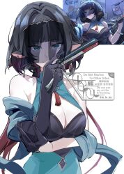 Rule 34 | 1girl, alternate costume, animal ear piercing, animal ears, aqua dress, aqua eyes, asymmetrical gloves, bare shoulders, black gloves, black hair, blunt bangs, breasts, cleavage, cleavage cutout, closed mouth, clothing cutout, dress, earclip, elbow gloves, folding fan, gloves, hair intakes, half gloves, hand fan, hand on own elbow, hand up, holding, holding fan, jane doe (zenless zone zero), large breasts, looking at viewer, mouse ears, mouse girl, multicolored hair, red hair, reference inset, sleeveless, sleeveless dress, solo, to te na, two-tone hair, veil, veil over eyes, watermark, white background, zenless zone zero