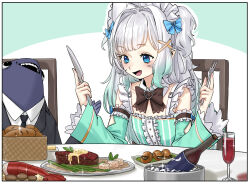agemmata alcohol black_bow black_bowtie black_eyes black_necktie black_suit blue_ribbon bottle bow bowtie bread butter champagne_flute collar cup dress drinking_glass fang fish_boy food fork formal_clothes frilled_dress frills gradient_hair green_dress green_hair h2osakana hair_ribbon hands_up highres holding holding_fork holding_knife indie_virtual_youtuber knife lobster maid maid_headdress mint_fantome mint_fantome_(minto_2.0) multicolored_hair necktie phase_connect ribbon snail steak suit virtual_youtuber white_collar white_hair wine wine_bottle