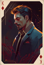 1boy artist_name black_background black_hair black_necktie blood blue_jacket border breast_pocket card closed_eyes closed_mouth collared_shirt commentary english_commentary facial_hair formal_clothes highres iron_man_(series) jacket king_(playing_card) king_of_diamonds lapels long_sleeves male_focus marvel marvel_cinematic_universe necktie playing_card pocket shirt short_hair simple_background solo starklike34 suit suit_jacket tony_stark white_border white_shirt