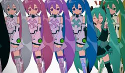 6+girls alternate_color alternate_hair_color arm_at_side black_hair black_skirt black_sleeves black_thighhighs blonde_hair blue_eyes blue_hair blue_necktie blue_shirt blue_skirt closed_eyes closed_mouth covering_own_mouth d-pad detached_sleeves expressionless facing_viewer feet_out_of_frame green_eyes green_hair green_shirt grey_eyes grey_hair grey_shirt grey_skirt hand_over_own_mouth hatsune_miku highres kousou_(vanilla_rkgk) laughing lineup long_hair looking_at_viewer multiple_girls multiple_persona necktie odd_one_out open_mouth out_of_frame pink_eyes pink_hair pink_shirt pink_skirt pleated_skirt purple_eyes purple_hair purple_shirt purple_skirt rainbow_order shirt simple_background skirt sleeveless sleeveless_shirt smile standing thighhighs twintails very_long_hair vocaloid white_background