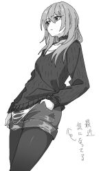 1girl black_choker black_sweater choker collarbone denim denim_shorts expressionless game_boy girls_band_cry grey_eyes grey_hair grey_shorts hair_between_eyes hand_in_pocket handheld_game_console highres kawaragi_momoka long_hair long_sleeves momomatang pantyhose pantyhose_under_shorts shirt shirt_under_sweater shorts sidelocks simple_background solo sweater white_background white_shirt