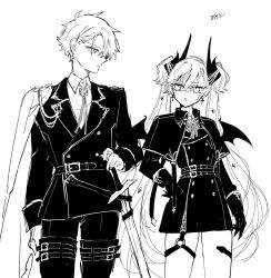 1boy 1girl belt collared_shirt collared_suit demon_horns fate/grand_order fate_(series) formal_clothes galahad_(fate) greyscale hair_between_eyes hair_over_one_eye hand_on_hilt high_collar highres horns lilith_(fate) looking_at_another mo_(aabx315) monochrome o-ring shirt short_hair suit twintails