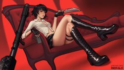 Rule 34 | 1girl, absurdres, black boots, black skirt, blood, blood on clothes, boots, breasts, cleavage, collared shirt, couch, crossed legs, dagger, devil may cry, devil may cry (series), devil may cry 3, fingerless gloves, gloves, highres, indfald, kalina ann (weapon), knee boots, knife, lady (devil may cry), miniskirt, multiple thigh straps, on couch, one eye closed, partially unbuttoned, red eyes, rocket launcher, sharpening, shirt, sitting, skirt, solo, thigh strap, thighs, weapon, whetstone