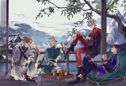 Rule 34 | 4boys, absurdres, boots, brown eyes, brown hair, chinese clothes, closed mouth, cup, earrings, fuwa minato, glasses, green eyes, grey hair, highres, holding, holding cup, jewelry, kagami hayato, kaida haru, kenmochi touya, long sleeves, male focus, mountain, multicolored hair, multiple boys, nijisanji, open mouth, purple hair, rof-mao, shoes, sitting, sumi (n29250), table, teeth, tree, upper teeth only, virtual youtuber