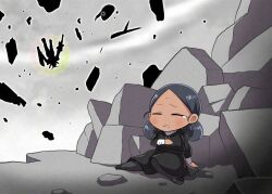 1girl beam_rifle bindi black_dress black_hair closed_eyes commentary dark-skinned_female dark_skin delraich66 dress energy_gun gundam gundam_gquuuuuux highres lalah_sune mahou_shoujo_madoka_magica mecha parody robot rock rubble rx-78-2_gundam shield sitting solo tears weapon