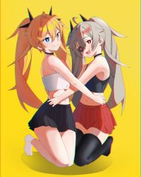 2girls absurdres ahoge bare_shoulders black_choker black_skirt black_thighhighs blonde_hair blue_eyes blush bright_pupils choker clear_(djmax) crop_top djmax djmax_respect eyelashes eyepatch fail_(djmax) from_side grey_hair hair_between_eyes hand_on_another&#039;s_waist highres hoduttang hug kneeling long_hair looking_at_viewer multiple_girls navel open_mouth pleated_skirt red_eyes red_skirt simple_background skirt smile tank_top thighhighs twintails very_long_hair white_pupils yellow_background