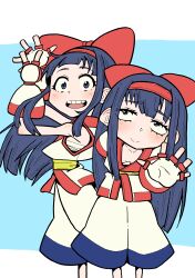 2girls ainu_clothes blue_eyes blue_hair breasts cleavage fingerless_gloves gloves hair_ribbon highres leaning_forward legs long_hair looking_at_viewer multiple_girls nakoruru no_bra open_mouth pants ribbon samurai_spirits sarashi small_breasts smile snk teeth the_king_of_fighters thighs tongue waving