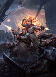 5boys aircraft alien astra_militarum axe battle building darren_tan death explosion firing goggles goggles_on_headwear gun gun_sling handgun highres holding holding_axe holding_gun holding_sword holding_weapon lasgun multiple_boys muzzle_flash orc ork_(warhammer) soldier sword warhammer_40k:_conquest weapon
