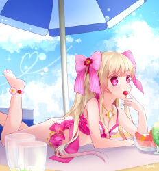 1girl ahira_yuzu alternate_costume beach blonde_hair breasts chaos_marie_(grimms_notes) cloud cloudy_sky grimms_notes long_hair medium_breasts sky solo swimsuit