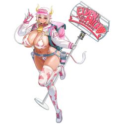 1girl animal_print backpack bag beer_tap bell belt belt_buckle bikini blue_belt blue_eyeliner breasts buckle character_name cleavage collar collarbone cow_horns cow_print cow_print_bikini cow_print_thighhighs cow_tail cowbell cropped_jacket cup cup_holder dark-skinned_female dark_skin english_text eye_of_horus eyeliner fake_horns fake_tail food front-tie_bikini_top front-tie_top fruit full_body gloves grin hair_between_eyes hat hathor_(last_origin) highleg highleg_bikini highres holding holding_sign hood hoodie horns huge_breasts jacket knee_up last_origin lips looking_at_viewer makeup micro_bikini name_tag navel neck_bell official_alternate_costume official_art open_mouth pink_bag pink_collar pink_hat pointy_ears print_bikini print_thighhighs purple_eyes shiny_skin shoes short_hair shrug_(clothing) sidelocks sign simple_background skindentation smile sneakers solo sprayer standing standing_on_one_leg strawberry sweat swimsuit tachi-e taesi tail thick_thighs thighhighs thighs track_jacket transparent_background uriko_(baseball) v visor_cap white_gloves white_hair white_hoodie white_jacket white_shoes white_shrug