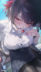 1girl absurdres black_choker black_hair black_pantyhose blue_skirt blush breasts candy choker colored_inner_hair ellen_joe ellen_joe_(on_campus) fins fish_tail food hair_between_eyes highres holding holding_candy holding_food holding_lollipop large_breasts lollipop long_hair looking_at_viewer multicolored_hair official_alternate_costume open_mouth pantyhose pleated_skirt red_eyes red_hair saliva saliva_trail shark_girl shark_tail sharp_teeth shirt short_hair skirt solo sushispin tail teeth tongue tongue_out two-tone_hair white_shirt zenless_zone_zero