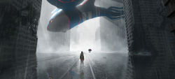1girl abandoned asteroid_ill backpack bag black_pants black_sclera building city cityscape colored_sclera floating fog from_behind gen_3_pokemon gen_8_pokemon hat highres ivy jacket kyogre legendary_pokemon looking_ahead medium_hair nintendo orange_jacket orbeetle outdoors overgrown pants pokemon pokemon_(creature) ponytail post-apocalypse rain road ruins scenery shadow shoes size_difference skyscraper standing street sunlight very_wide_shot water wind