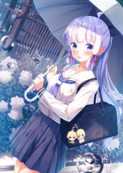 1girl aether_(genshin_impact) ahoge ayaka_(genshin_impact) bag bag_charm black_ribbon blue_eyes blue_hair blue_skirt blush breasts charm_(object) chinomaron commentary_request day flower genshin_impact hair_ribbon highres holding holding_umbrella long_hair looking_at_viewer lumine_(genshin_impact) outdoors pleated_skirt ponytail ribbon sailor_collar school_bag school_uniform serafuku shirt sidelocks signature skirt small_breasts smile solo umbrella very_long_hair water_drop white_flower white_sailor_collar white_shirt white_umbrella