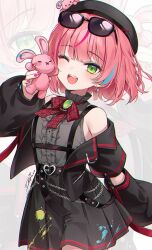 1girl bare_shoulders black_hat black_jacket black_skirt bow bowtie commentary cowboy_shot eyewear_on_head green_eyes grey_shirt hanako_nana hand_up hat holding ika_(4801055) jacket looking_at_viewer off_shoulder one_eye_closed open_mouth pink_hair pleated_skirt shirt short_hair skirt sleeveless sleeveless_shirt smile solo stellive stuffed_animal stuffed_rabbit stuffed_toy sunglasses suspenders symbol-only_commentary virtual_youtuber