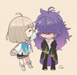 2boys ahoge barefoot black_pants black_robe black_shorts blue_cape boots brothers brown_boots brown_hair cape character_print chibi chibi_only closed_eyes dame_x_prince embarrassed full_body hand_on_another&#039;s_head kyuaran long_hair ruze_selen_el_phiriazar male_focus mare_selen_el_phiriazar messy_hair multiple_boys pants robe ruei_(chicking) shorts siblings smile socks striped_clothes striped_socks wavy_mouth