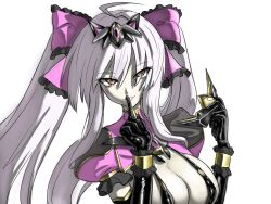 1girl black_gloves bow corruption dark_persona elbow_gloves finger_to_mouth frills gloves hair_bow harukaze_mai_(tsmg_nao!) highres long_hair original shrug_(clothing) shushing simple_background sketch slave_cherry slingshot_swimsuit smile solo swimsuit ts_magical_girl_nao white_background white_hair yellow_eyes