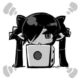 1girl backbeako_(torotei) box chibi commentary_request dice gegege_no_kitarou hair_over_one_eye hair_ribbon in_box in_container light_blush long_hair looking_at_viewer monochrome original pointy_ears ribbon simple_background solo torotei triangle_mouth twintails white_background