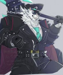 1boy absurdres animal_ears axe bara black_coat black_gloves black_hat black_pants cat_nose coat commentary dislyte fangs furry furry_male gloves green_necktie hat highres holding holding_axe izm_(izm_rm7) jin_qiu_(ru_shou)_(dislyte) looking_at_viewer male_focus muscular muscular_male necktie open_mouth pants shirt signature smile sunglasses symbol-only_commentary tiger tiger_boy tiger_ears tiger_stripes white_fur white_shirt white_tiger