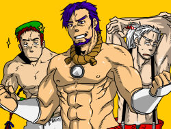 Rule 34 | 3boys, abs, bara, beard, beret, black eyes, clenched hands, closed mouth, commentary request, facial hair, flexing, fujiwara no mokou, green hat, grin, hat, hat ornament, hong meiling, long hair, looking at viewer, mature male, mirror, multiple boys, muscular, muscular male, navel, nipples, pants, pectorals, purple eyes, red hair, short bangs, short hair, simotukiryuusi, simple background, smile, sparkle, star (symbol), star hat ornament, suspenders, touhou, upper body, white hair, white pants, yasaka kanako, yellow background