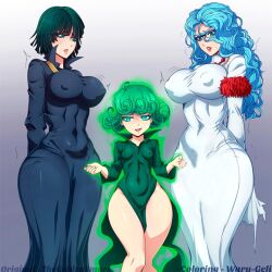 3girls blue_hair breasts covered_erect_nipples dress fubuki_(one-punch_man) glasses green_hair large_breasts long_hair multiple_girls one-punch_man psykos short_hair tagme tatsumaki the_golden_smurf waru-geli wide_hips