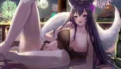1girl absurdres aerial_fireworks alcohol animal_ear_fluff animal_ears blue_eyes blush breasts commission fireworks fox_ears fox_tail highres huge_breasts indie_virtual_youtuber lingerie long_hair looking_at_viewer lying mizugaiya on_side open_mouth original pixiv_commission purple_hair rossy_(yowayowachimpo) smile solo tail thighhighs underwear very_long_hair virtual_youtuber white_tail white_thighhighs