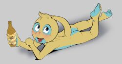1boy alcohol apis ass blonde_hair blue_eyes blush completely_nude drunk dunsparce feet furry gen_2_pokemon liquor male_focus monster_boy nintendo nude pokemon pokemon_(creature) shota solo tail