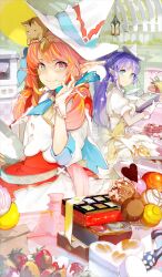 2girls animal animal_on_head aunt_and_niece back_bow baking blue_eyes blue_neckerchief boar boar_piglet_(fate) book bow bowl box box_of_chocolates braid breasts bridal_gauntlets cake candy chocolate chocolate_heart chocolate_strawberry circe_(fate) circe_(witches&#039;_kitchen)_(fate) closed_mouth commentary day demon_pillar_(fate) dress fate/grand_order fate_(series) flower food fruit gloves gradient_eyes hair_flower hair_ornament hairstyle_request han&#039;ei_no_chocolate_gardens_of_valentine hat heart heart-shaped_cake heart-shaped_food hecate&#039;s_staff_(fate) high_ponytail holding holding_book holding_bowl holding_whisk indoors jacket kitchen long_hair looking_at_another medea_(fate) medea_(lily)_(fate) medea_(witches&#039;_kitchen)_(fate) mini_hat multicolored_eyes multiple_girls neckerchief official_art on_head open_book orange_eyes orange_hair oven pancake pancake_stack pointy_ears ponytail puffy_short_sleeves puffy_sleeves purple_hair red_dress short_sleeves sidelocks small_breasts smile souji_hougu standing strawberry sunlight third-party_source two-tone_bow two-tone_neckerchief whipped_cream whisk white_bow white_bridal_gauntlets white_dress white_gloves white_hat white_jacket witch_hat x_hair_ornament yellow_bow yellow_neckerchief