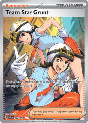 1boy 1girl :3 arm_tattoo artist_name blue_shirt breasts bright_pupils brown_eyes brown_hair building card_(medium) character_name closed_mouth collared_shirt company_name copyright_name copyright_notice english_text eyelashes gloves goggles goggles_on_headwear helmet medium_hair nagimiso naranja_academy_school_uniform necktie nintendo official_art open_mouth orange_necktie orange_pants orange_shorts pants pokemon pokemon_card pokemon_sv pokemon_tcg school_uniform shirt short_sleeves shorts smile squatting star-shaped_eyewear star_(symbol) tattoo team_star team_star_grunt team_star_uniform teeth third-party_source tinted_eyewear trading_card unused_tire upper_teeth_only white_gloves white_helmet white_pupils yellow-framed_eyewear