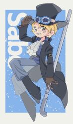 1boy ascot black_coat black_hat blonde_hair blue_background brown_gloves character_name coat commentary_request full_body gloves goggles goggles_on_headwear hat looking_at_viewer male_focus one_piece ri_1357 sabo_(one_piece) scar scar_on_face short_hair smile solo white_ascot