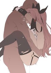 1boy 1girl black_skin blush colored_skin highres hug lifting_person nicole_demara pink_hair saliva sex sweat thigh_strap thighhighs