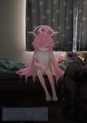 1girl ahoge barefoot bedroom blanket blue_archive blue_eyes blush boo_(mario) bottle closed_mouth curtains electric_fan hair_between_eyes halo heterochromia highres hoshino_(blue_archive) indoors long_hair looking_at_viewer mario_(series) nintendo on_bed one_piece orange_eyes photo_background pink_hair reitoubeef shirt short_sleeves sitting solo stuffed_toy tony_tony_chopper translation_request very_long_hair water_bottle white_shirt
