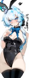 Rule 34 | 1girl, alternate costume, animal ears, black leotard, black thighhighs, blue bow, blue bowtie, blue eyes, blue hair, bow, bowtie, breasts, cerydra (honkai: star rail), cleavage, commentary request, crown, fake animal ears, gettou0 0, highres, honkai: star rail, honkai (series), large breasts, leotard, long hair, mini crown, playboy bunny, rabbit ears, simple background, solo, thighhighs, thighs, translation request, white background, wrist cuffs