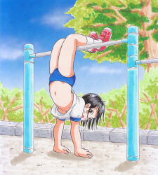 1girl absurdres black_hair blue_buruma blush brown_eyes buruma bush cloud flat_chest gym_uniform handstand highres horizontal_bar loli looking_at_viewer looking_back marup navel nipples open_mouth original pink_shoes shirt shoes short_hair short_sleeves sky sneakers socks traditional_media tree white_shirt white_socks