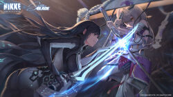 2girls ass battle black_hair bodysuit breasts cho_gum clenched_teeth dual_wielding fighting frown glowing glowing_sword glowing_weapon goddess_of_victory:_nikke grey_eyes grey_hair hat highres holding holding_sheath holding_sword holding_weapon jingasa katana logo long_hair looking_at_another medium_breasts mole mole_under_eye multiple_girls official_art pants picture_frame raven_(stellar_blade) reverse_grip scarlet_(nikke) second-party_source sheath shift_up shirt smile stellar_blade straw_hat sword teeth v-shaped_eyebrows watermark weapon white_bodysuit white_pants white_shirt yellow_eyes