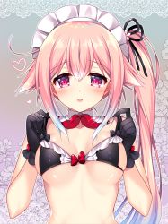 1girl :p bikini black_bikini black_gloves black_ribbon blue_hair blush border bow breasts closed_mouth collar commentary_request covered_erect_nipples detached_collar female_focus gloves gradient_hair hair_flaps hair_ribbon harusame_(kancolle) highres kantai_collection lace lace_border lifting_own_clothes long_hair looking_at_viewer maid maid_bikini maid_headdress medium_breasts multicolored_hair ornate_border pink_hair purple_eyes red_bow ribbon ringo_sui side_ponytail sidelocks skindentation smile solo strap_slip swimsuit tongue tongue_out unconventional_maid very_long_hair white_collar