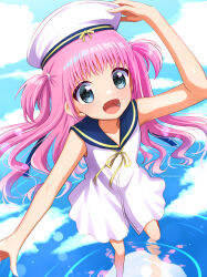 1girl :d bare_arms bare_shoulders blue_eyes blue_sailor_collar blue_sky blush cloud commentary_request day dress fang floating_hair foot_out_of_frame foreshortening from_above gomasho_asuka hand_on_headwear hand_up happy hat highres katou_umi long_hair looking_at_viewer open_mouth outdoors pink_hair reflection reflective_water ribbon ripples sailor_collar sailor_dress sailor_hat sky sleeveless sleeveless_dress smile solo standing standing_on_one_leg summer_pockets teeth tongue two_side_up water white_dress white_hat yellow_ribbon