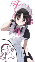 1boy 1girl absurdres alternate_costume apron bandaged_neck bandages black_dress black_hair blue_archive doodle_sensei_(blue_archive) dress embarrassed frilled_apron frills halo hand_on_own_head highres maid maid_apron maid_headdress misaki_(blue_archive) red_halo ribbon sensei_(blue_archive) short_hair simple_background star_halo tyunpon_623 white_apron white_background wristband