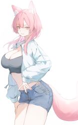 1girl absurdres animal_ears black_shirt blue_shorts breasts cleavage cowboy_shot crop_top denim denim_shorts extra_ears fox_ears fox_girl fox_tail grin hand_on_own_thigh highres hrk_(dxez4457) jacket large_breasts long_hair long_sleeves looking_at_viewer midriff navel open_clothes open_jacket original pink_eyes pink_hair shirt short_shorts shorts simple_background smile solo stomach tail thighs white_background white_jacket