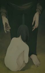 1boy 1girl back black_hair black_pants completely_nude fetal_position fingernails loli medium_hair nude original otohime_(youngest_princess) pants sharp_fingernails you_gonna_get_raped