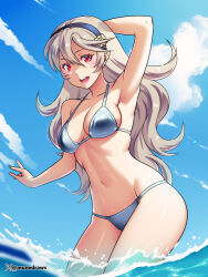 1girl alternate_costume arm_up armpits bikini black_hairband blue_bikini blush breasts cleavage commentary english_commentary etchimune female_corrin_(fire_emblem) fire_emblem fire_emblem_fates grey_bikini grey_hair hair_between_eyes hair_ornament hairband large_breasts long_hair looking_at_viewer medium_breasts navel nintendo open_mouth pointy_ears red_eyes sideboob smile solo stomach swimsuit white_hair