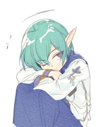 1boy elf eochaid_(mabinogi) face_in_hands green_hair mabinogi one_eye_closed pointy_ears red_eyes rian_(bdl) robe simple_background sitting