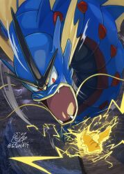 artist_name cloud cloudy_sky dark_clouds electricity fangs fighting gen_1_pokemon gyarados hashtag-only_commentary highres lightning looking_at_another mega_gyarados mega_pokemon motion_lines nintendo no_humans open_mouth outdoors pikachu pokemon pokemon_(creature) size_difference sky storm tatsumi_(panneko) tongue twitter_username water waves