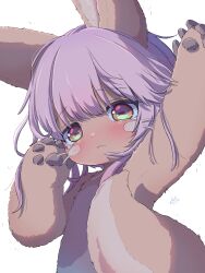1other absurdres animal_ears arm_up body_fur brown_fur closed_mouth commentary_request furry highres horizontal_pupils made_in_abyss medium_hair nanachi_(made_in_abyss) narehate other_focus purple_hair sekaineko_001 tail two-tone_fur upper_body whiskers white_background white_fur yellow_eyes