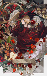 1girl absurdres apple apple_slice blonde_hair blue_eyes bonnet border bow bowtie bug butterfly commentary_request copyright_name dress flower food frilled_dress frilled_sleeves frills fruit green_bow hair_between_eyes highres insect leaf long_bangs long_dress long_hair long_sleeves lying on_side outside_border parted_lips petals picture_frame apple red_dress red_flower red_headwear red_rose rose rozen_maiden shinku solo very_long_hair youamo