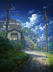 1girl blue_skirt blue_sky brown_hair building bush cloud cloudy_sky commentary cyclecircle day english_commentary from_behind grass highres lamppost manhole_cover original outdoors plaid_clothes plaid_skirt power_lines railroad_crossing road road_sign scenery shadow short_hair sign skirt sky solo stairs stop_sign tree utility_pole very_wide_shot